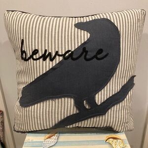 Salems General Store Feather Filled Striped Pillow with Crow and Beware